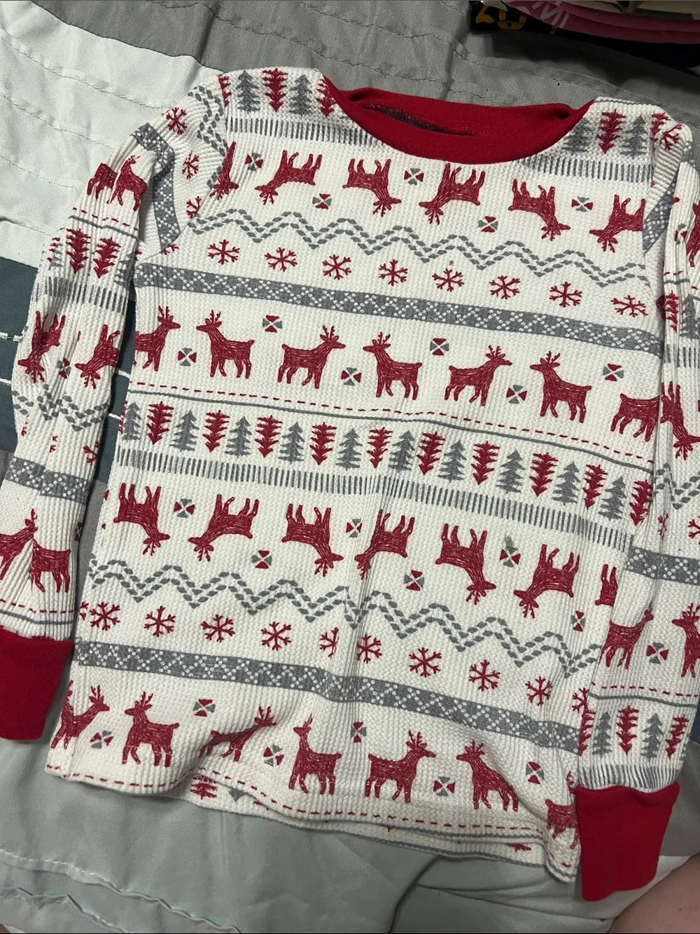 Red Reindeer Pattern Kids Pajama Set  - Holiday Long Sleeve Set